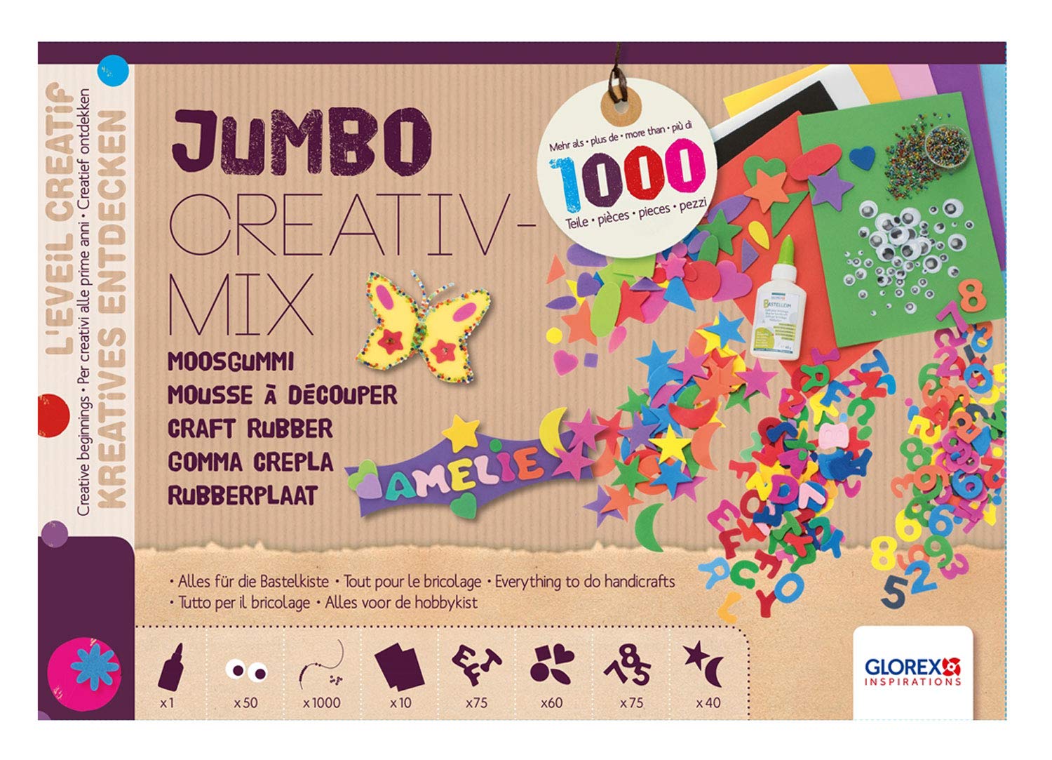 GLOREX 6 2245 030 - Jumbo foam rubber Creativ Mix, consists of 1000 parts, with foam rubber sheets, letters and numbers, punched parts, craft glue, and much more. for creative handicrafts