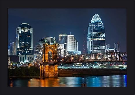 Amazon Com Cincinnati Ohio City Skyline At Night A 9012054 18x12 Giclee Art Print Gallery Framed Black Wood Posters Prints