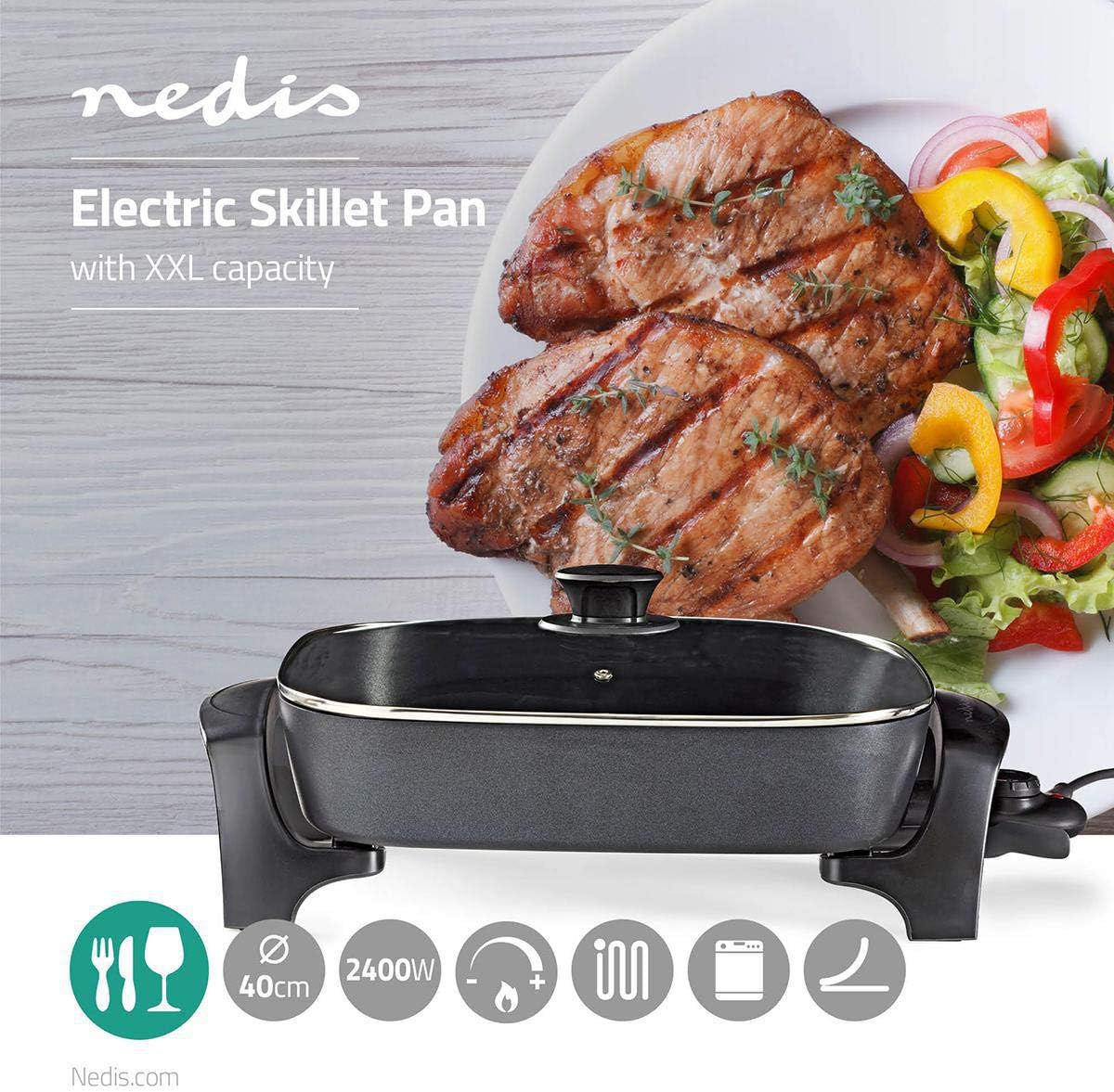 NEDIS Non-Stick Electric Skillet with Glass Lid, Multifunctional, 40 cm Diameter, Dishwasher Safe, Black Cast Aluminium - Image 3