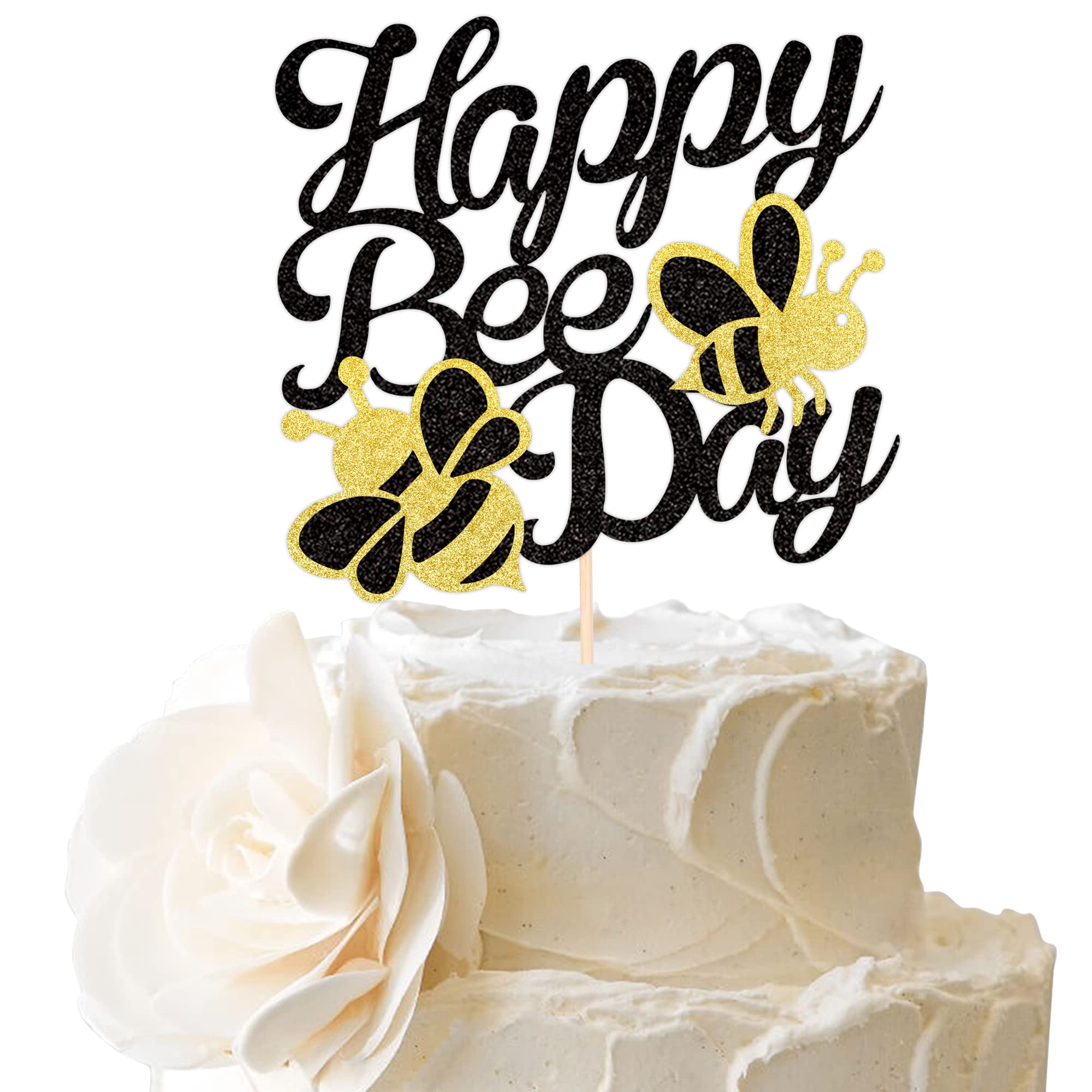 SYKYCTCY 1 Pack Happy Bee Day Cake Topper Glitter Bumble Bee Theme Cake Picks Decorations for Baby Shower Party, Bee Theme Birthday Party Supplies Black