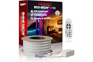 Shine Decor LED RGB Neon Rope Lights AC 120V, Expandable & Cuttable Bright Strip Lighting with Remote, Dimmable Color Changing, ETL Cold-Resistant & IP65 Waterproof for in&Outdoor, 10x20mm, 50FT
