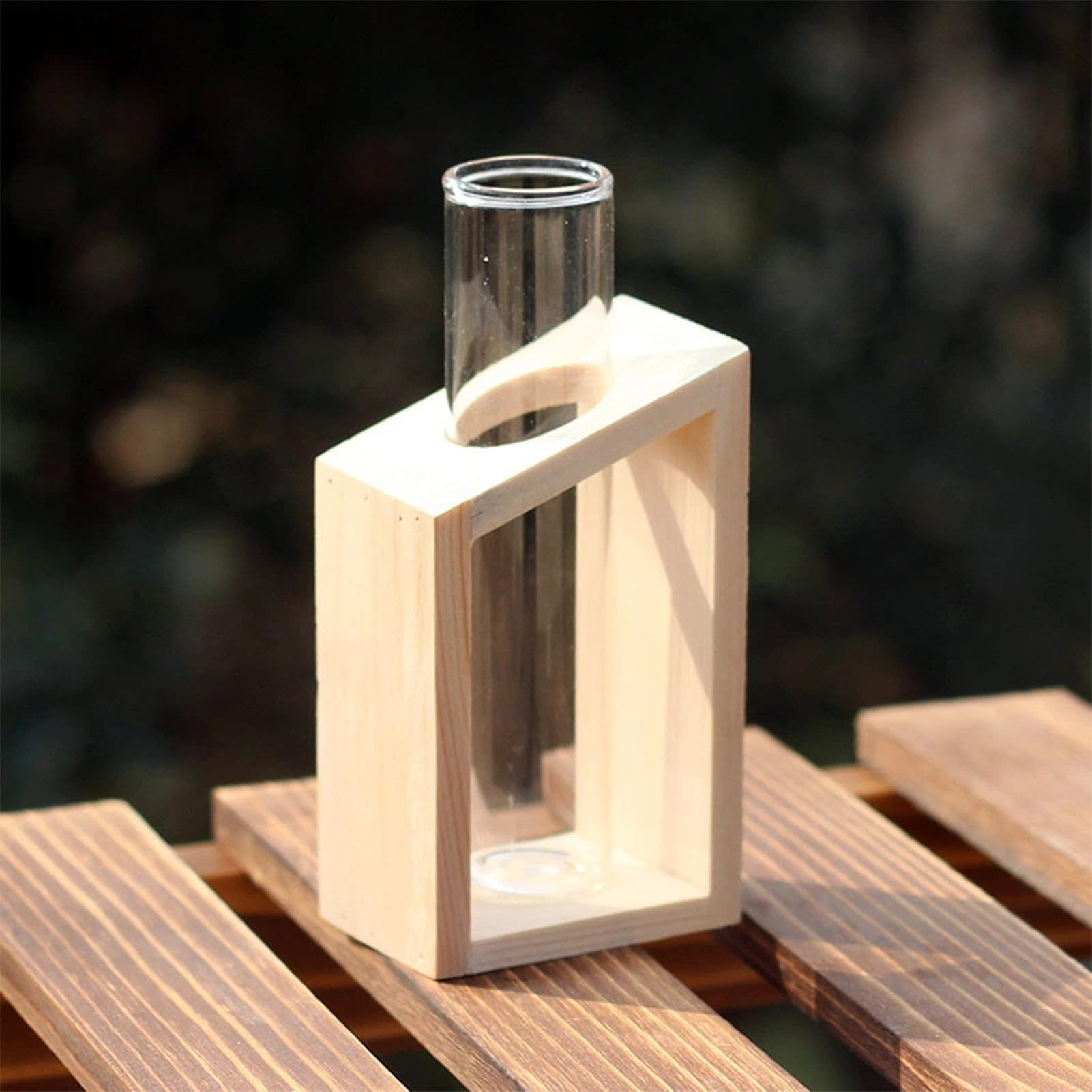 Cyrank Glass Bud Vase with Wooden Stand,Hanging Propagation Station,Test Tube Plant Terrarium with Wood Stand Rack,Wall Hanging Glass Plant Terrarium,Modern Flower Bud Vase Home Office Decor