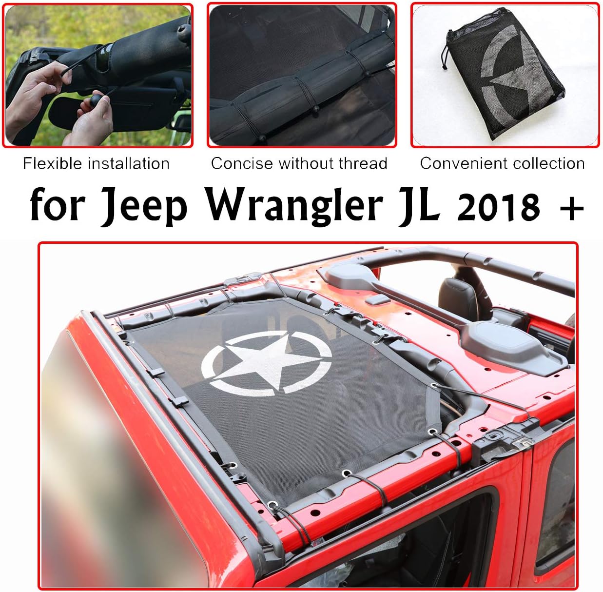 AirainMFC Sunshade Cover for Jeep Wrangler JL 2 door or 4-door JL and JLU Unlimited 2018 Up Front Top Roof Anti UV Sun Protection Mesh Net (US Army Rought Star)