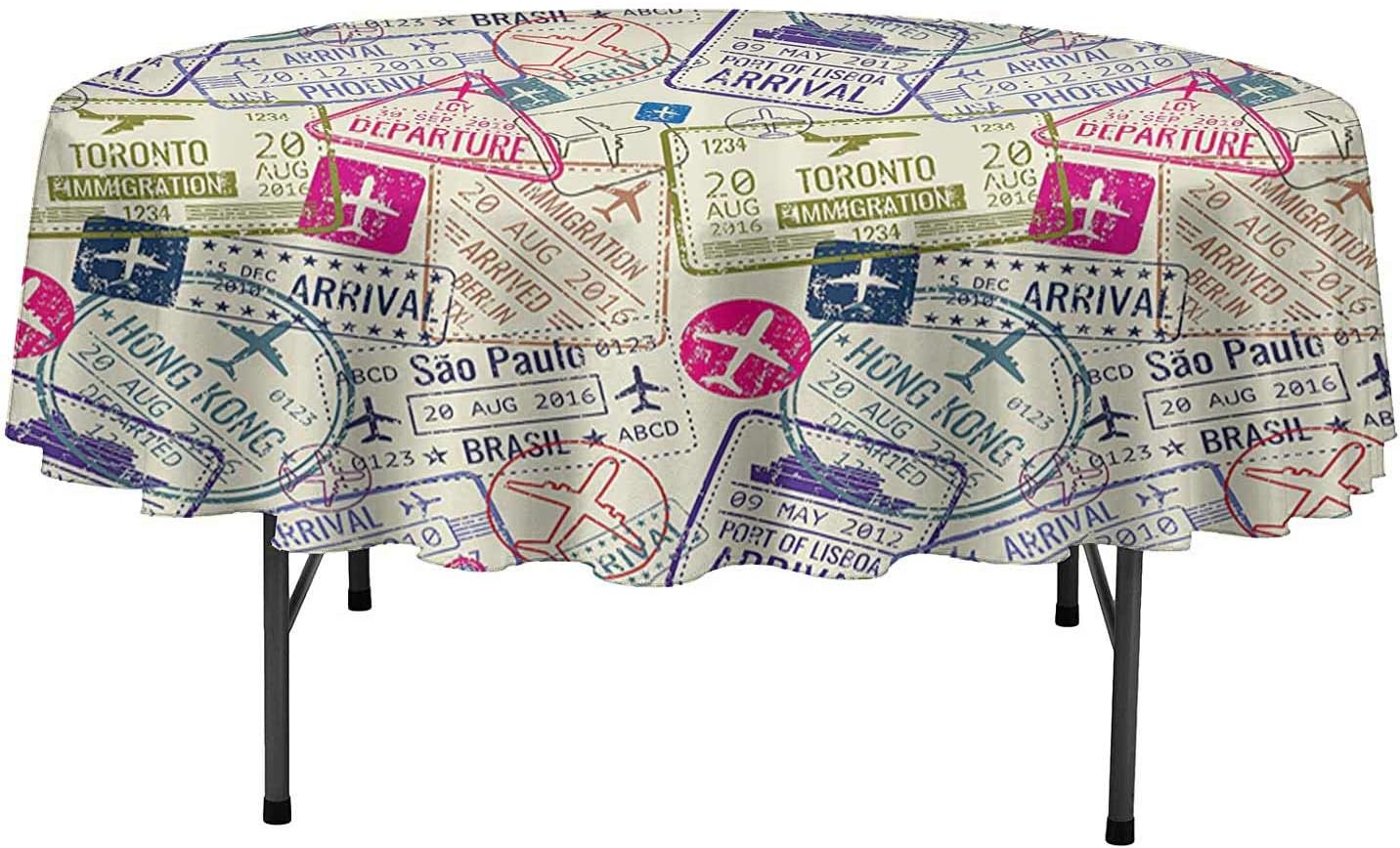 Aishare Store Water Resistant Tablecloths Traveller Decor Passport Visa Stamps Illustration Toronto Hong Kong Berlin Print Table Cover for Parties D35 Inch Egg Shell and Pink