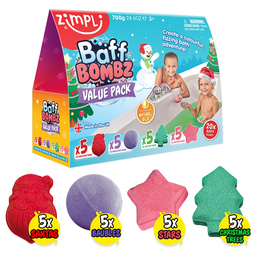 ZIMPLI - 20 x Christmas Baff Bombz, Bath Bombs Gift Set for Kids, Xmas Present Bath Fizzers, Great Fun Gift for boys girls 4 5 6 7 8 9