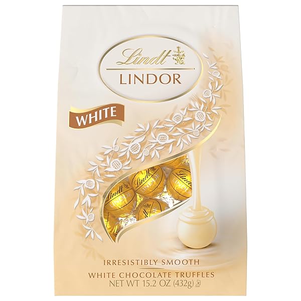 LINDT LINDOR WHITE CHOCOLATE CANDY TRUFFLES, WHITE CHOCOLATE CANDY WITH SMOOTH, MELTING TRUFFLE CENTER, 15.2 OZ. BAG