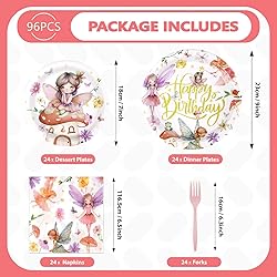 96 Pcs Fairy Plates and Napkins Party Supplies