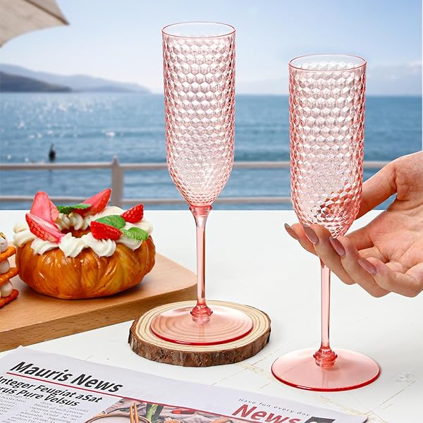 24 PACK PINK DETACHABLE 2 PIECE CHAMPAGNE FLUTES 5.5 OZ UNBREAKABLE PLASTIC MIMOSA DISPOSABLE CHAMPAGNE GLASSES DRINKING CUPS STEMMED REUSABLE WINE TOASTING GLASSES FOR WEDDING (24, CLEAR PINK)