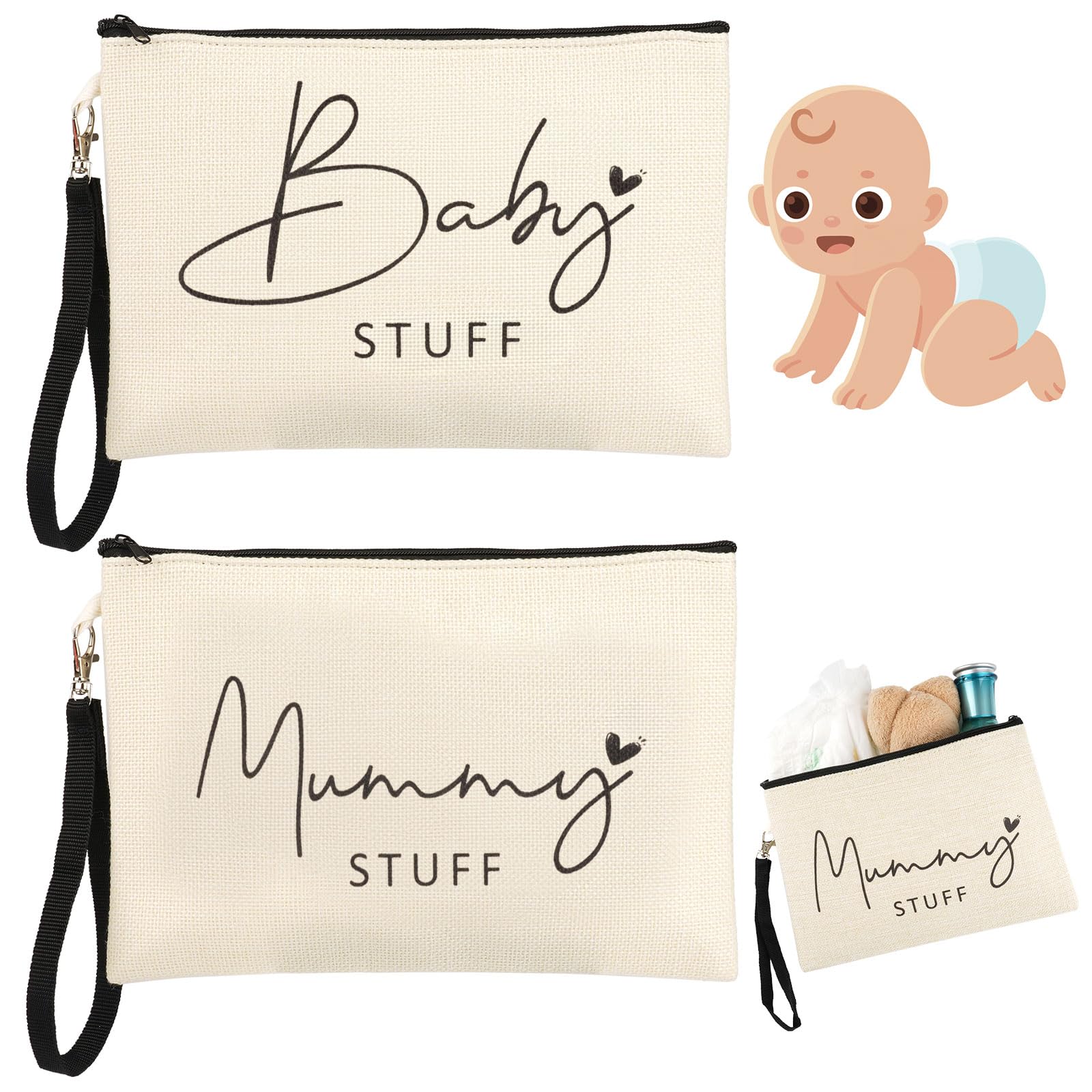 2 Pcs Mum to Be Gifts, New Mum Gifts, Baby Shower Gifts for Mum, White Cosmetic Bags Canvas Pouch Bags with Zipper for Pregnant women New Mom Gifts