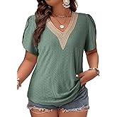 Eytino Womens Plus Size Tops Lace V Neck Petal Short Sleeve Blouse Eyelet Hollow Dressy Casual T Shirts(1X-5X)