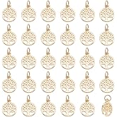 PH PandaHall 50pcs Tree of Life Charms, Real 14K Gold Plated Tree Charms 10mm Jewelry Making Charm Metal Alloy Pendants Circle Pendants with Jump Ring for DIY Necklace Craft Making