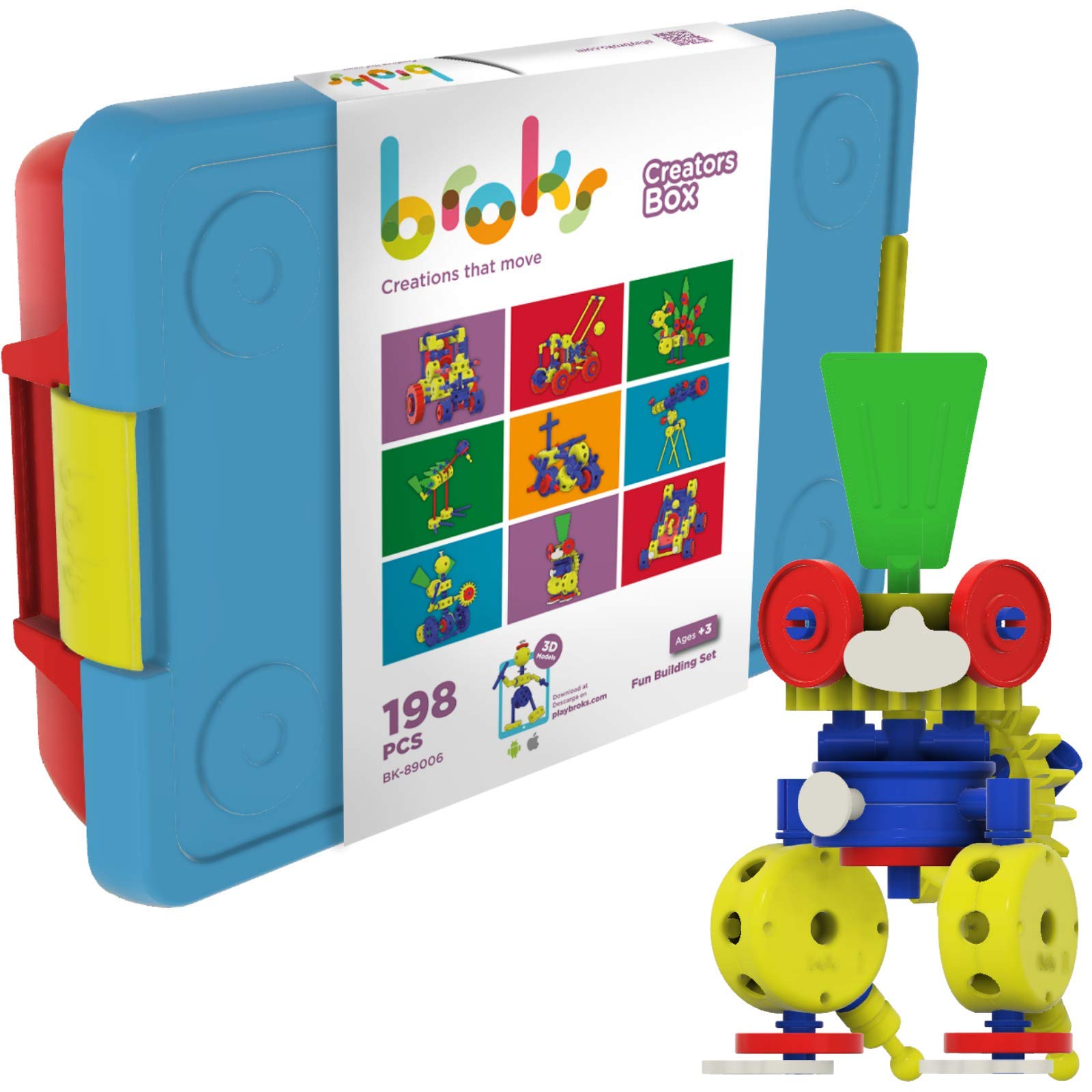 Broks - Creators Box: STEM Construction Set - with 198 pieces including Gears for boys and girls 3 4 5 6 7 8 9 10 years old. APP included.