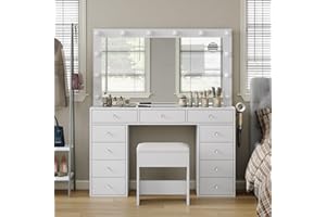 CollaredEagle Vanity Desk with Power Outlet, Makeup Vanity with Mirror and 12 LED Lights, 3 Lighting Modes, 11 Drawers Vanity Table with Chair, Glass Top, Dressing Table for Bedroom,Dressing Room