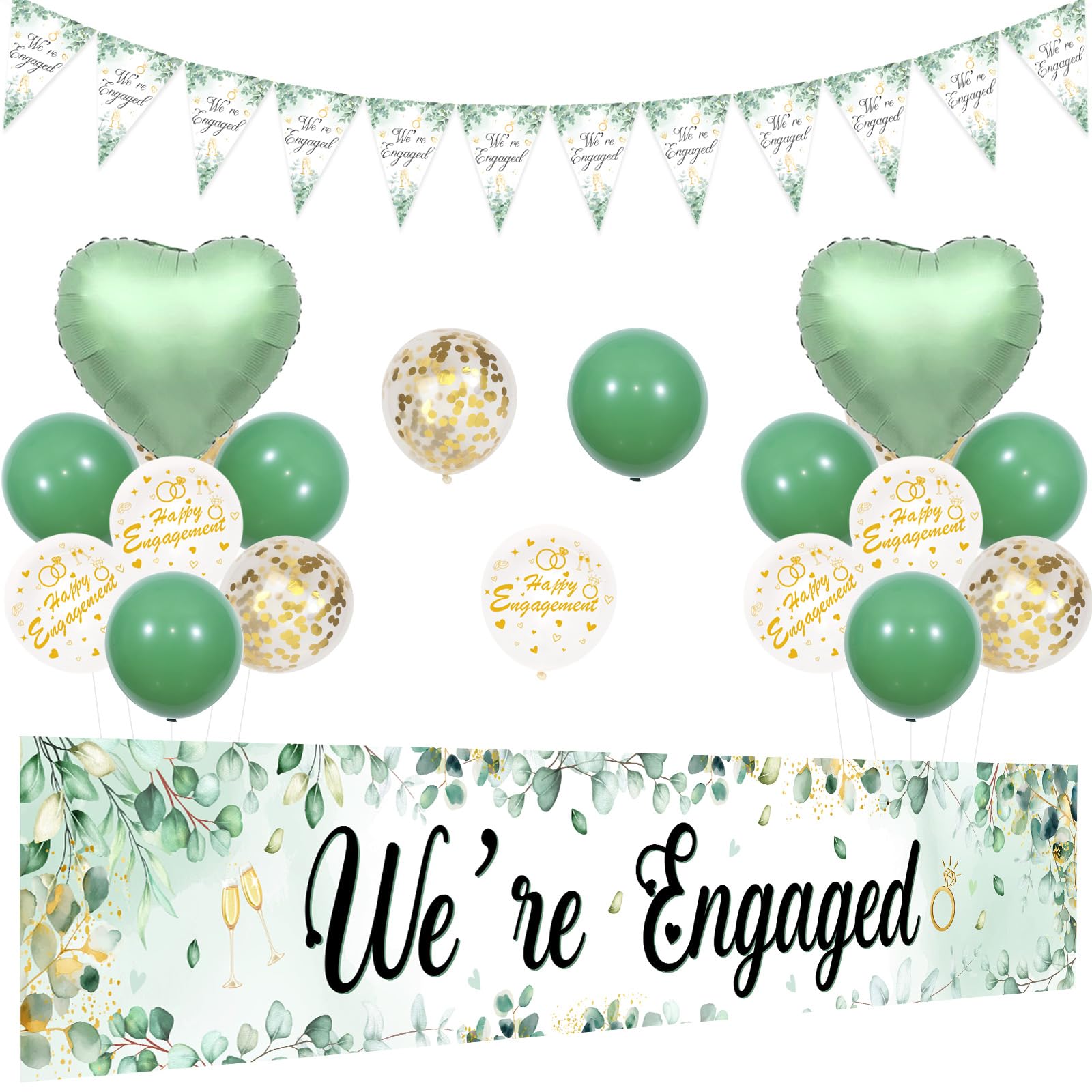 Funmemoir Engagement Party Decorations - Sage Green Triangle Flag Banner, Green White Gold Balloons, Heart Foil Balloon for Engagement Party