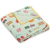LollyBanks Muslin Baby Blanket 100% Organic Cotton, Muslin Quilt Lightweight, 6 Layers Soft Blanket Neutral, 47"x 47" Toddler Blankets for Girls and Boys, Nursery Receiving Blankets (Farm Theme Print)