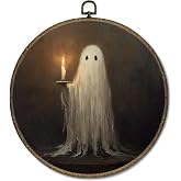 OINDADE Vintage Halloween Ghost Round Wall Art Decor, Fall Spooky Ghost Wall Art Hanging Decor, Halloween Fall Ghosts Candle Pictures Dark Academia Framed Canvas Artwork for Living Room Home, 10x10in