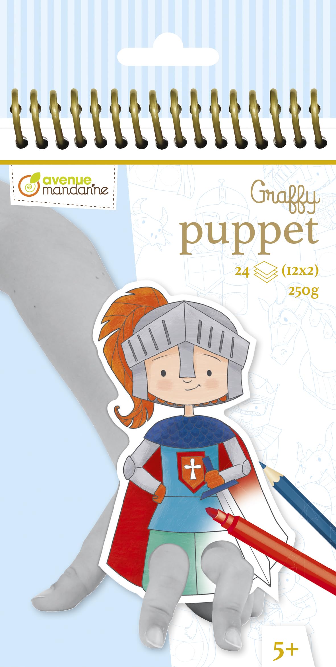 Avenue Mandarine - Ref GY009O - Graffy Pre-Cut Finger Puppets to Colour In & Play - Dragons & Knights - Spiral Notebook, 250gsm Clairefontaine Paper, 24 Cards, 12 Designs