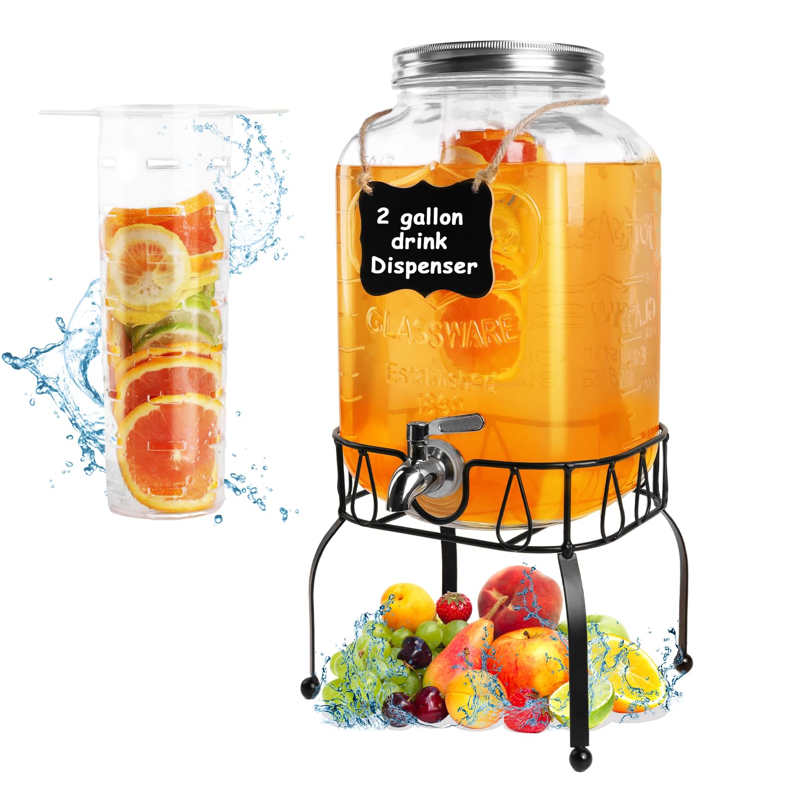 Photo 1 of 2 Gallon Glass Beverage Dispenser Jars, Ice Juice Dispenser with Stainless Steel Faucet and Metal Stand for Parties & Wedding (1 Pack Jar)