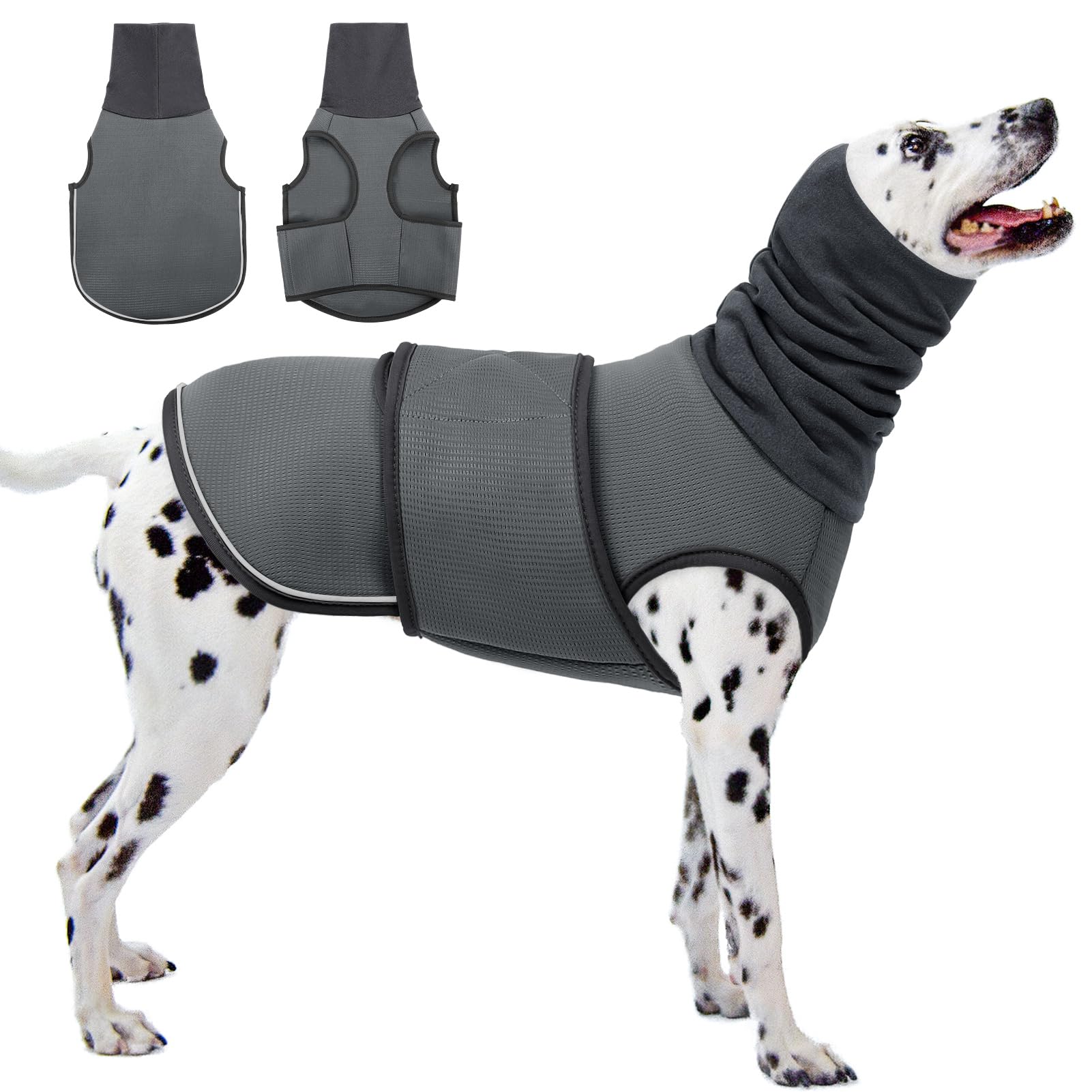 Photo 1 of KOESON Dog Calming Hoodie, Pet Thunder Jacket with Ear Wrap, Breathable Dog Anti-Anxiety Vest for Thunder, Fireworks, Travel, Separation, Comfort Pet Anxiety Relief Wrap, Grey L