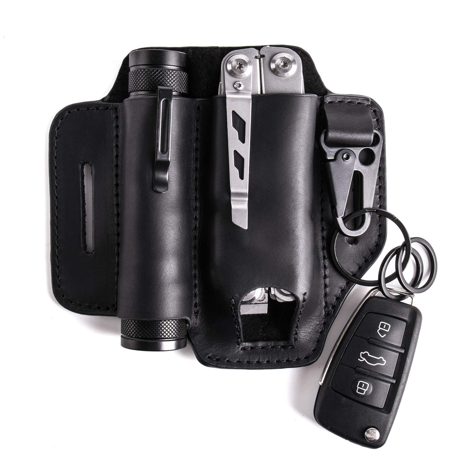 Gentlestache Funda de cuero para multiherramienta Leatherman - Organizador de bolsillo EDC con llavero y funda para linterna - Negro