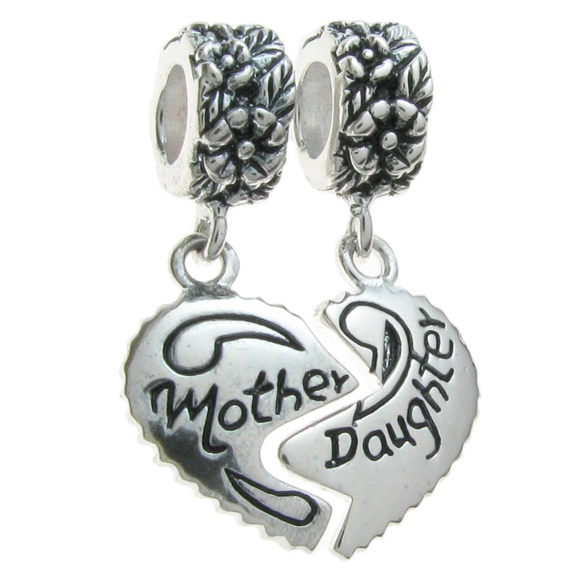 Queenberry Sterling Silver Mother Daughter Love Heart European Style Dangle Bead Charm