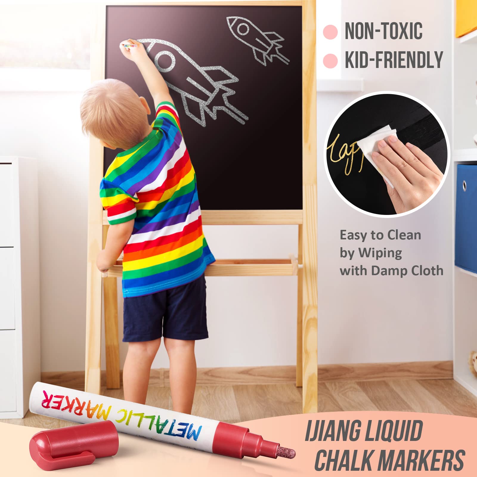 IJIANG Metallic Chalk Markers, 8 Colors, 6mm Reversible Bullet & Chisel Tip, Erasable for Chalkboard, Blackboard, Whiteboard, Glass