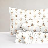 Wake In Cloud - Western Bed Sheets, 4-Piece Sheet Set, Southwestern Rustic Farmhouse Style with Boho Aztec Pattern Printed Bedding, Deep Pocket, Coral White, King Size