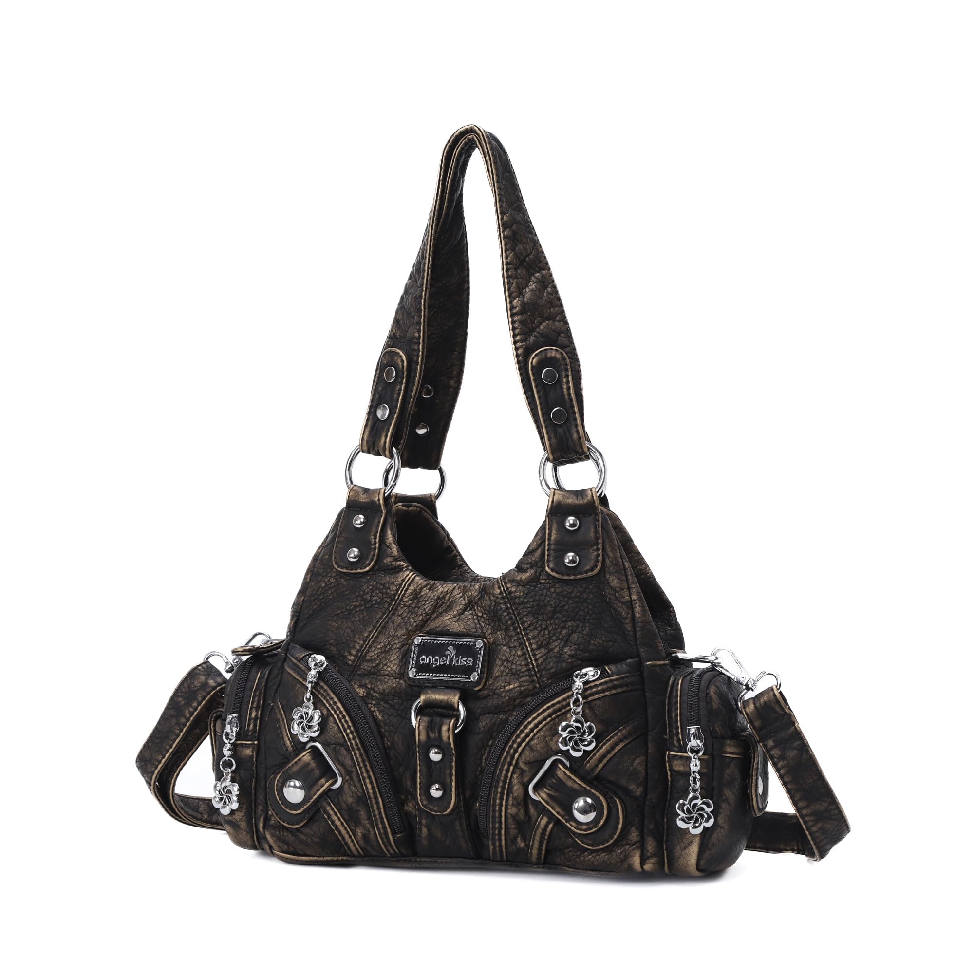 Angel Kiss Purses for Women Small Hobo Shoulder Bags Vagen Leather Multi-Pocket Tote Bag with Zipper, Bronze