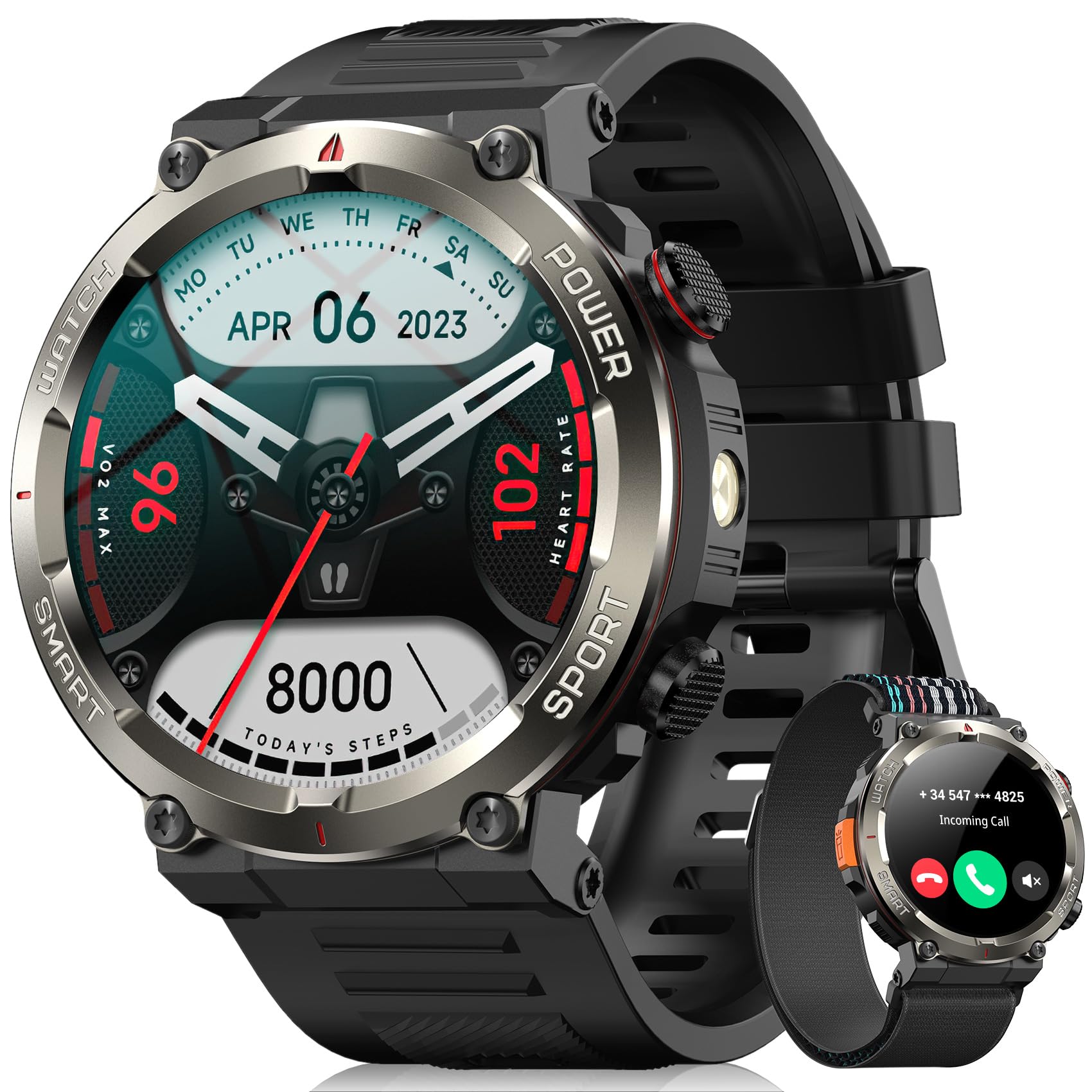 Blackview Military Smart Watch for Men, 100 Days Battery/Flashlight/Compass/120+ Sports/Bluetooth Calls, Outdoor Fitness Tracker with Heart Rate SpO2 Sleep, IP68 Waterproof Smartwatch for iOS Android