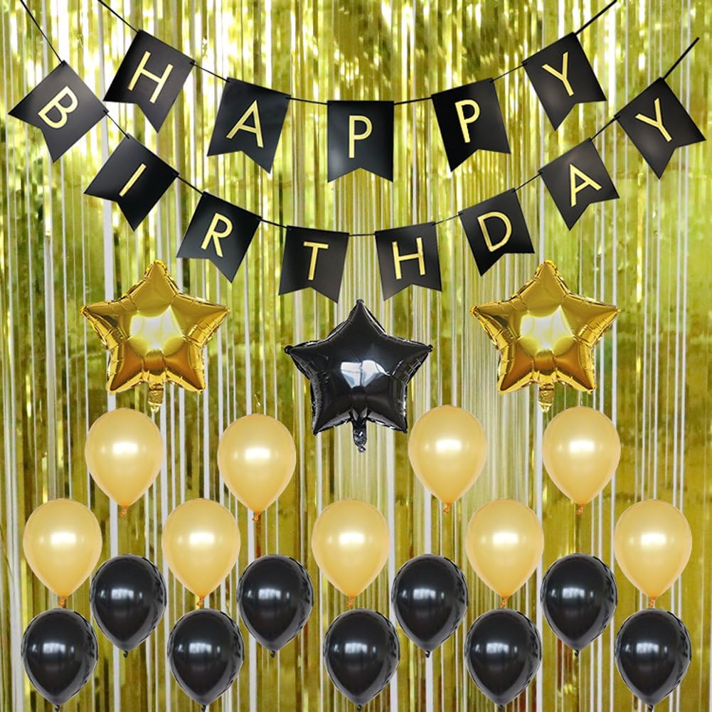 Birthday Party Supplies Decoration Kit, Happy Birthday Banner, Metallic Gold Foil Fringe Shiny Curtains, Latex & Star Foil Balloons, Decoration for photo backdrop (24)