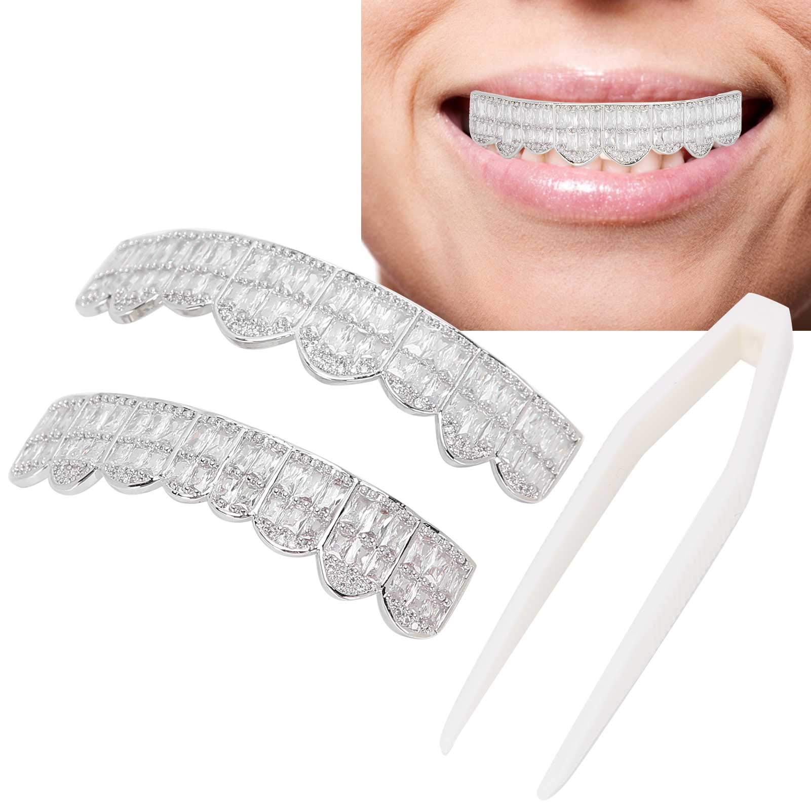 Grillz Teeth Set Hip Hop Teeth Grills Iced out Teeth Decoration Features with Unique and Beautiful Small Crown Shape Its Shiny Color is Very Special for Men Women(Silver)