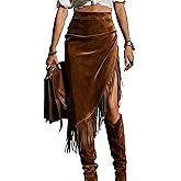 Women's Fringe Faux Suede Skirts Asymmetrical High Waist Wrap Bodycon Midi Skirt Western Slit Retro Cowgirl Tassel Skirt