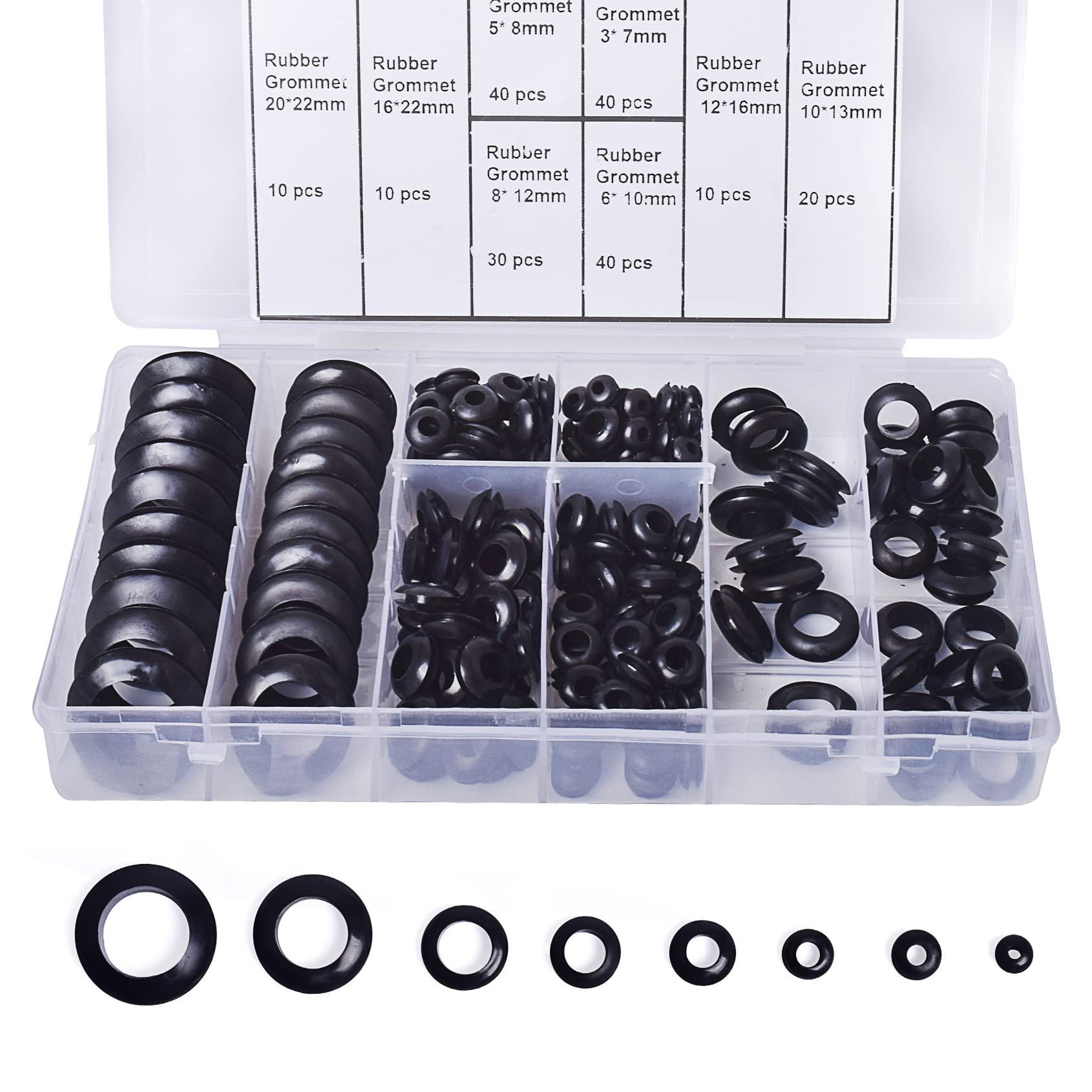 Melofo 200Pcs Black Rubber Grommet Electrical Conductor Gasket Ring Assortment Kit Wire Gasket Kit for Protecting Wires, Plugs and Cables