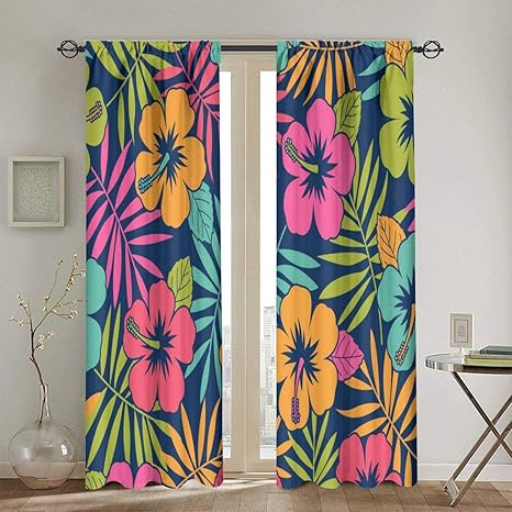 Amazon 断熱 遮熱カーテンカラフルなハイビスカスと葉のパターンのベクトルの背景104in X72in 260cm X180cm カーテン オンライン通販