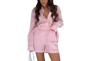 SAFRISIOR Women’s 2 Piece Casual Tracksuit Outfit Sets Stripe Long Sleeve Shirt And Loose High Waisted Mini Shorts Set