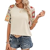 Chvity Short Sleeve Tops for Women Fashion Crochet Sleeve Crewneck Loose Khaki Ladies Blouse Shirts Comfy Fit