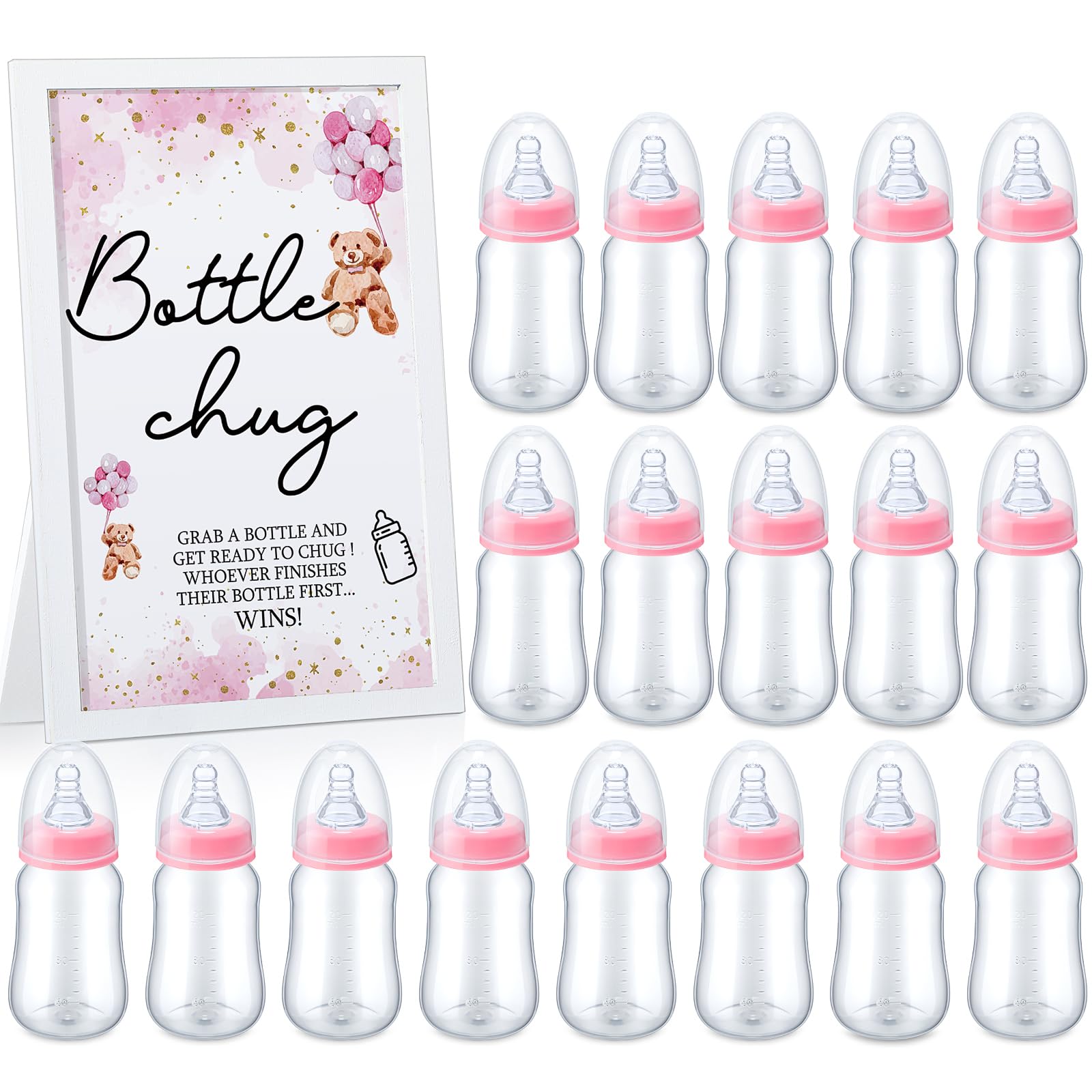 Photo 1 of Roowest Bottle Chug Baby Shower Game Favors Including Pink Bear Theme Wooden Sign and 18 Pcs Baby Bottles for Gender Reveal Party Supplies