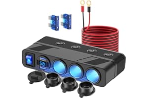 12V Cigarette Lighter Splitter with 10FT/3M Cable, 180W Car Charger Socket Multi 4 USB Port Adapter with LED Display Master and Independent Switch, 12 Volt Power Outlet Plug with Eyelet Terminal
