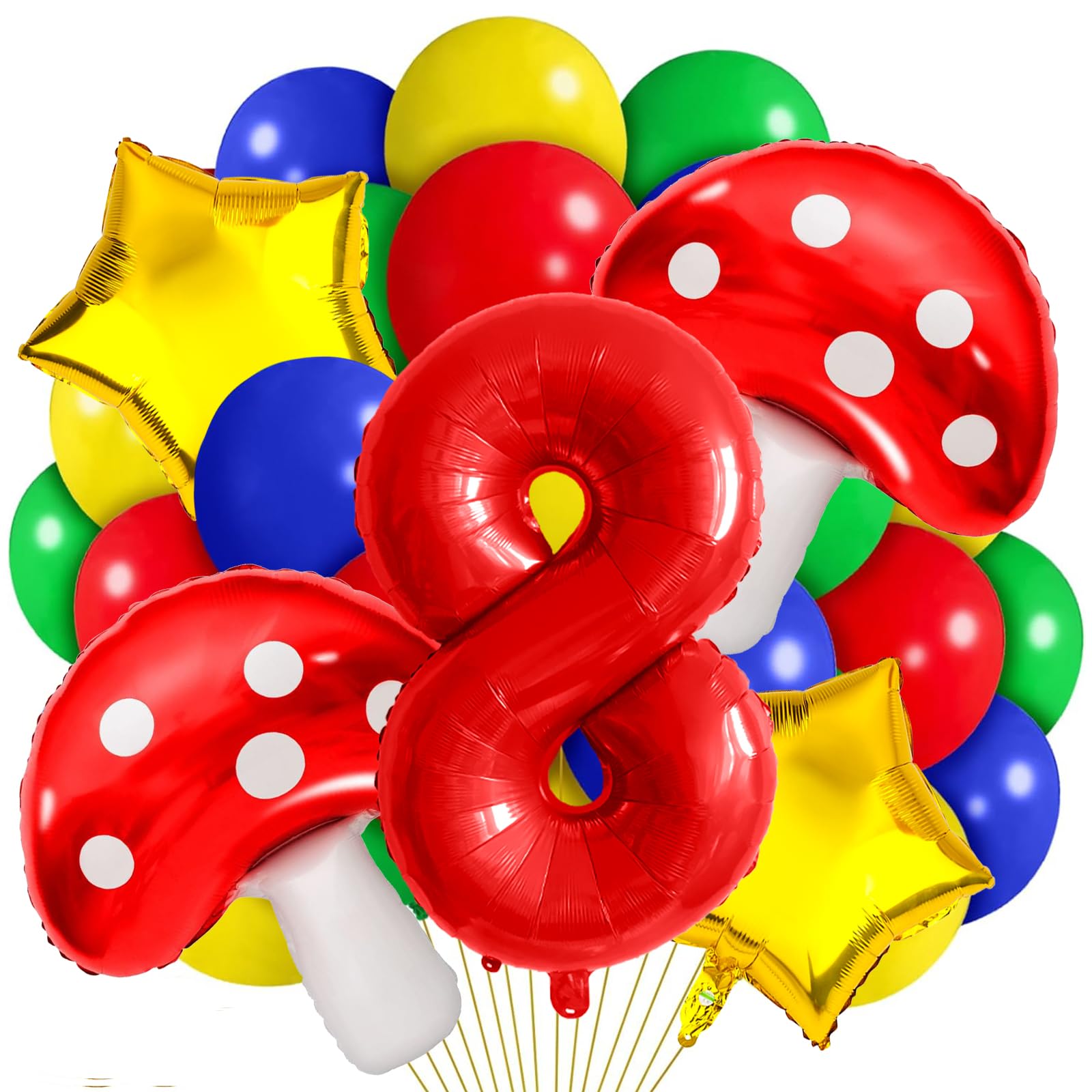 Photo 1 of 8 Balloon Number Red Blue Green Yellow Balloon Cartoon Mushroom Decorations Star Balloons for Birthday, Carnival, Party Activities, Cartoon Video Game Theme Party Supplies