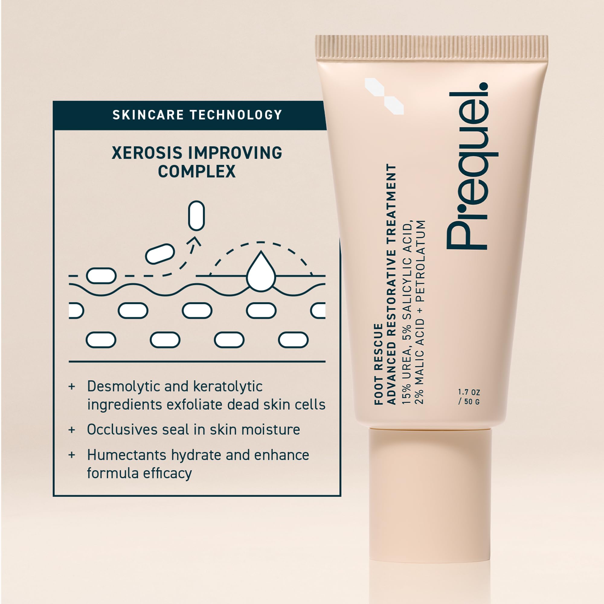 Prequel Skin Foot Rescue, Professional Foot Treatment with 15% Urea + Salicylic Acid. Advanced Cream For Dry Cracked Feet. Clinical-Grade Moisturizer. 1.7oz