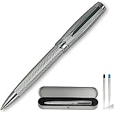 YUNCHUN Executive Pens for Men, Heavy Ballpoint Pens Set for Men Gift, Retractable Ball Point Pens for Work, Smooth Writing Black Ink with Lozenge Pattern, Silver