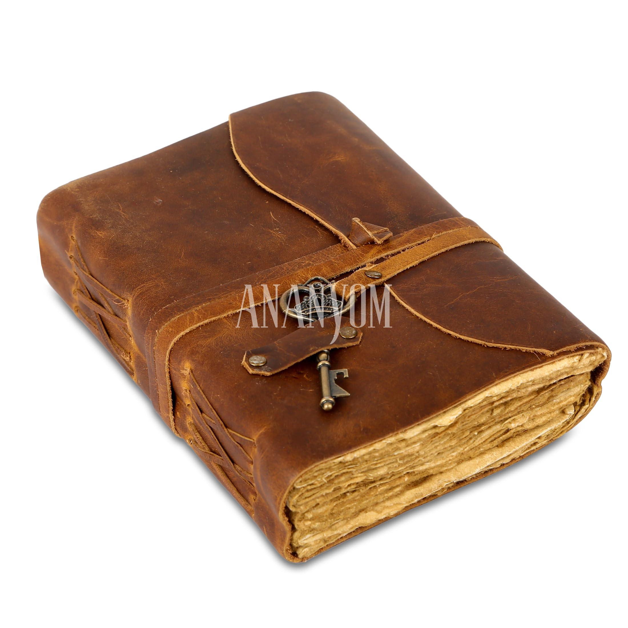 ANANYOM Vintage Leather Journal Notebook for Women & Men 8x6 inch Deckle edge paper 200Pages – Brown Genuine Leather Diary & Sketchbook | Strap Bound Vintage Writing Notebook — image 1
