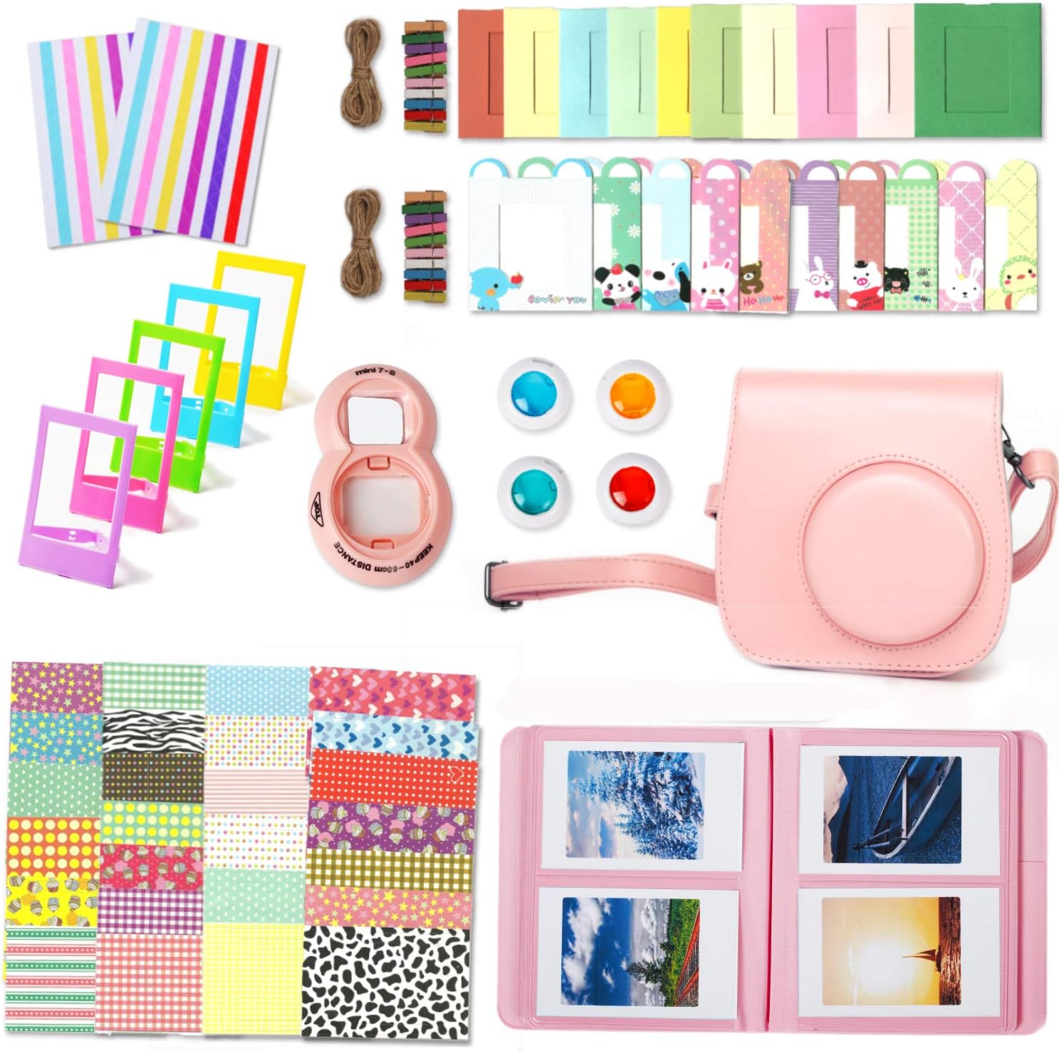 Leebotree Instant Camera Accessories Compatible with Instax Mini 11 Instant Film Camera Include Case/Album/Filters/Wall Hang Frames/Film Frames/Border Stickers/Corner Stickers (Marble Pink)