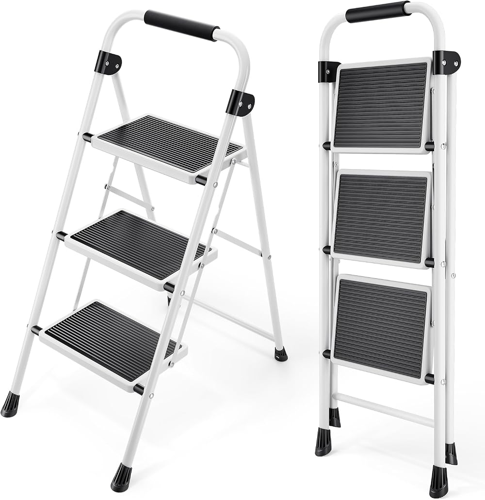 KINGRACK 3 Step Folding Ladder Steel Non-Slip Wide Pedal Handle White Portable
