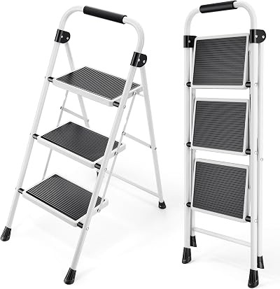 KINGRACK 3 Step Folding Ladder Steel Non-Slip Wide Pedal Handle White Portable