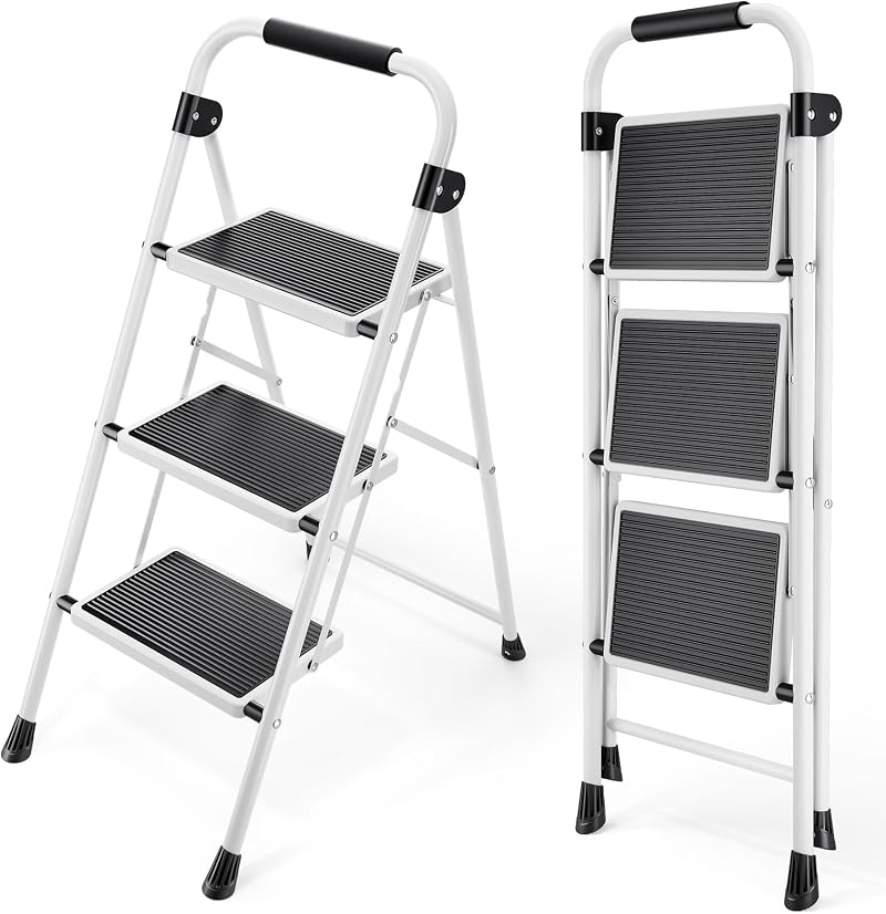 KINGRACK 3 Step Folding Ladder Steel Non-Slip Wide Pedal Handle White Portable