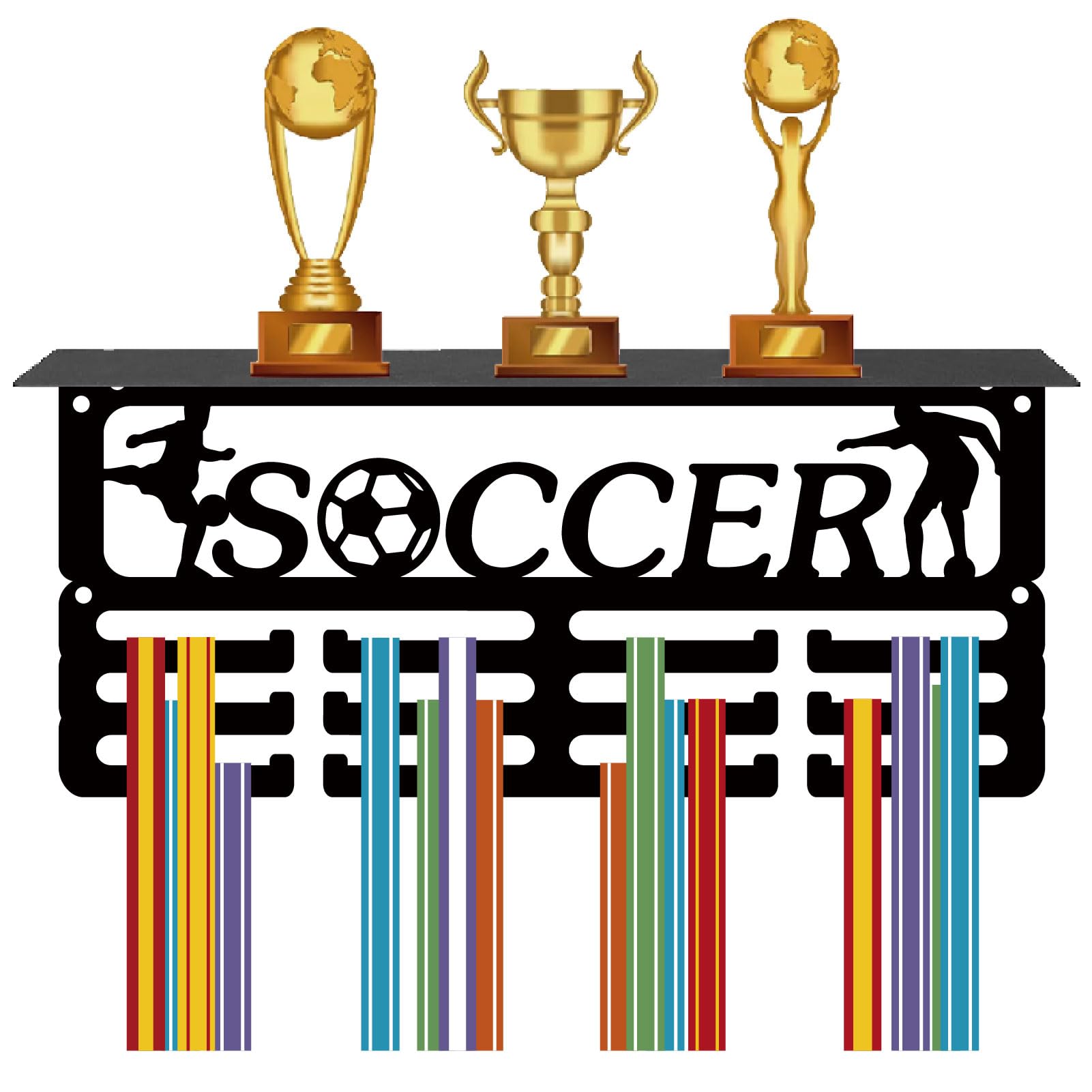 CREATCABIN Soccer Medal Holder Trophy Shelf Football Medal Hangers Display with Shelf Stand Small Sports 4 Rows Wall Mount Hold 70+ Medals for Women Soccer Running Swimming Awards Rack 11.4 x 5.1 Inch