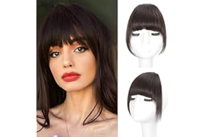 Berracy Bangs Hair Clip in Bangs 100% Real Human Hair Extensions French Bangs Fringe with Temples Flat Neat Fake Thick Hairpieces for Women Daily Wear Dark Brown