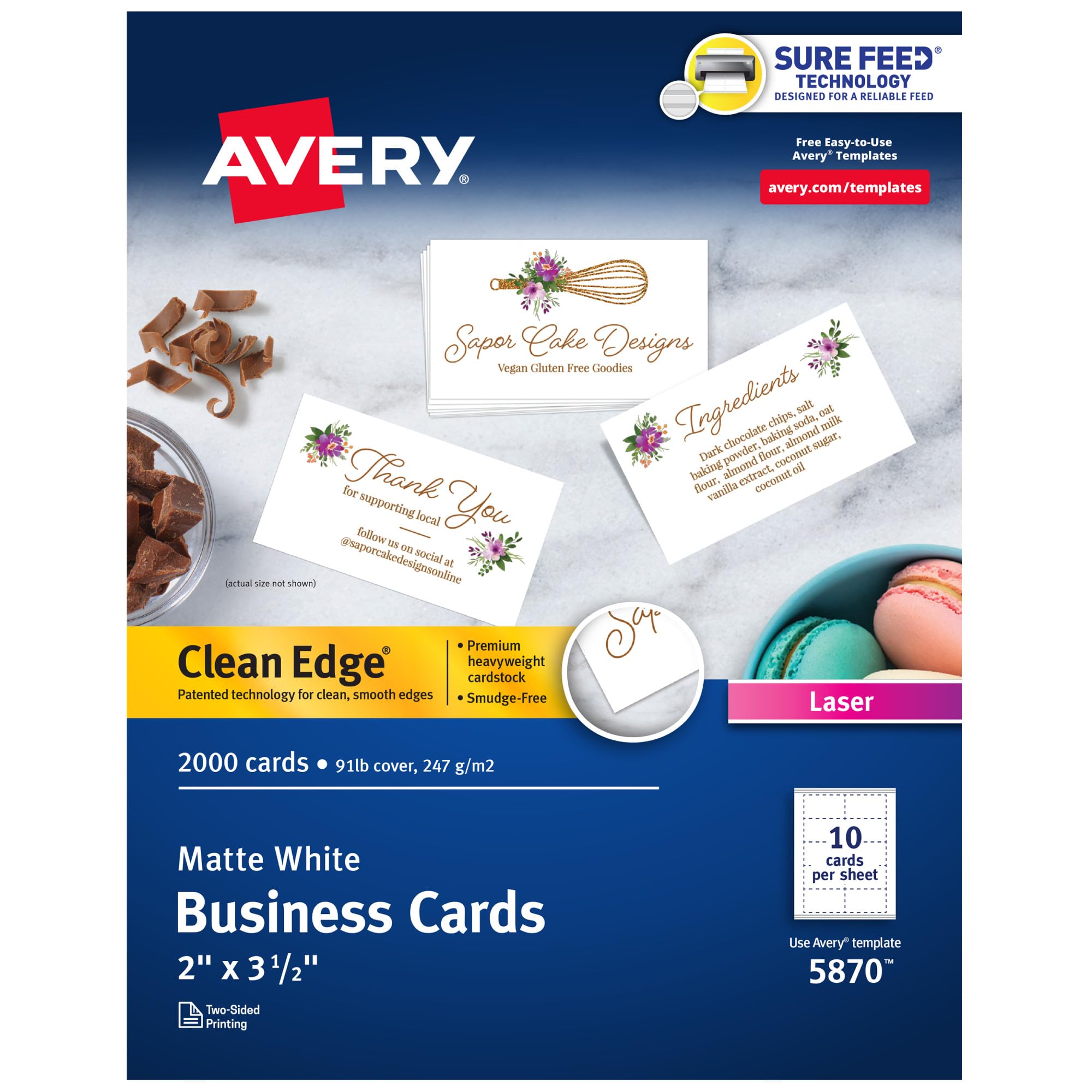 Avery Printable Business Cards, Laser Printers, 2,000 Cards, 2 x 3.5, Clean Edge (5870), White