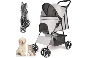 RULTYN Pet Dog Stroller, Four Wheels Cat Dog Stroller with Storage Basket, Handle 360° Front Wheel Rear Wheel with Brake for Small Medium Dogs Cats Travel Folding Carrier Stroller (Grey)